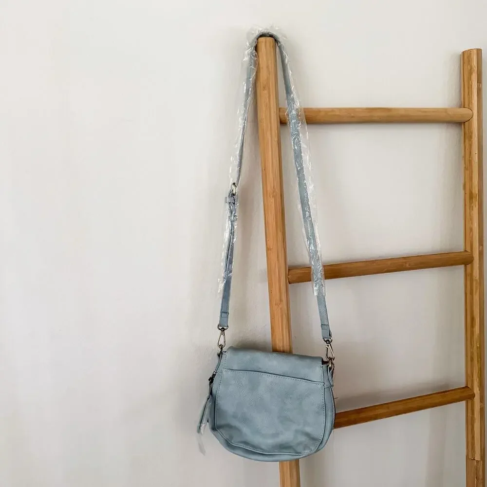 NWT Anthropologie Andi Kraft Dusty Blue Crossbody Saddle Bag Vegan Leather